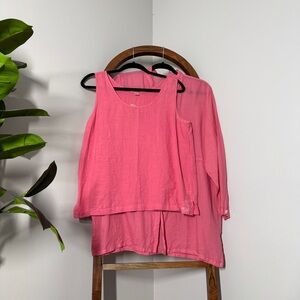 Kleen LARGE Pink 100% Linen Sleeveless and Long Sleeve Button Front Top Set NEW